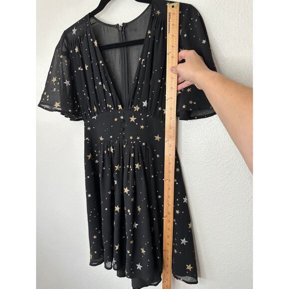 Privacy Please Ford Black Metallic Gold Silver Star Deep V Short Sleeve Dress XS - Picture 10 of 15
